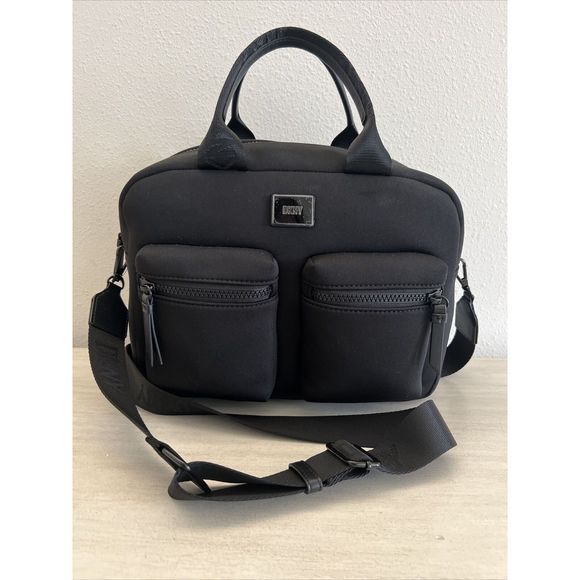 DKNY R34DDA79 Damian Satchel Black Neoprene/Leather Crossbody Bag Handbag - Picture 1 of 15